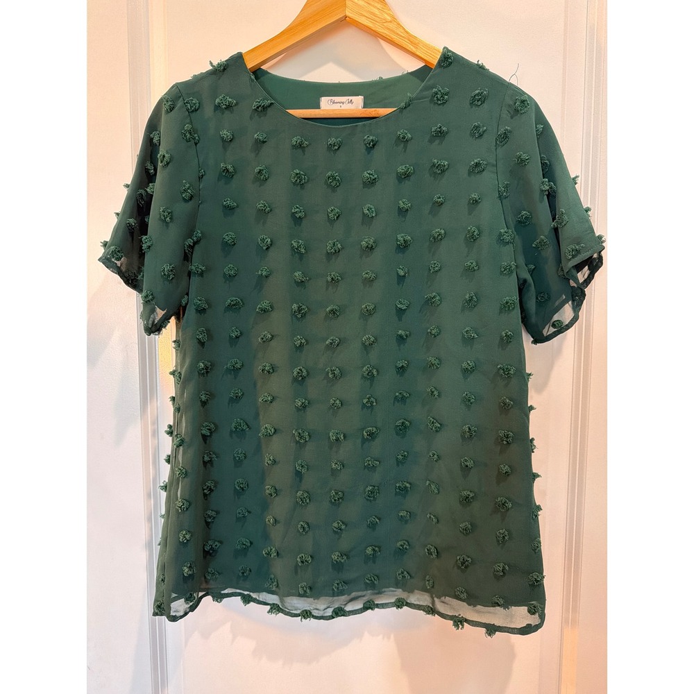Blooming Jelly Forest Green Swiss Dot Pom Pom Blouse Short Sleeve Top Small